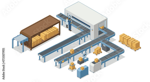Isometric warehouse with automated conveyor system and packaging stations