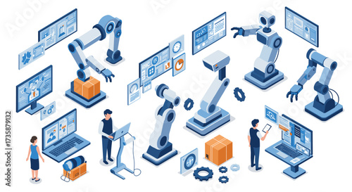 Futuristic robotics and automation in isometric design with human interaction