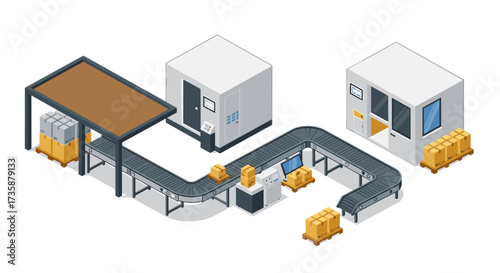 Modern automated warehouse conveyor system with isometric design