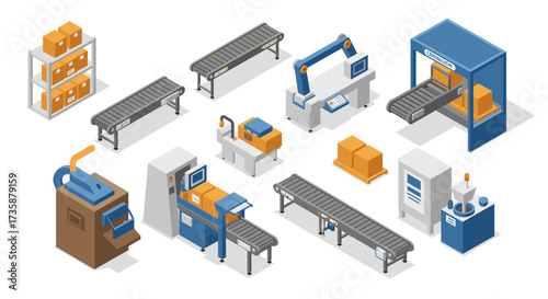 Isometric factory equipment modern conveyor systems and robotics