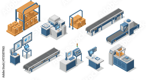 Factory automation elements with conveyor belts and machinery in isometric style