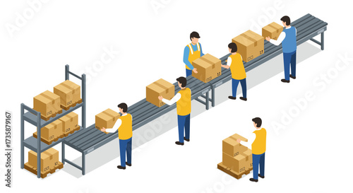Warehouse team sorting packages on conveyor belts in an isometric layout