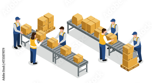 Isometric warehouse scene with workers handling packages on conveyor belts