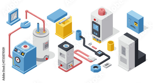 Isometric hvac system components in 3d for modern industrial design