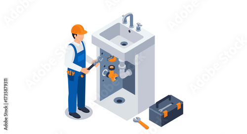 Isometric plumber fixing sink pipes with tools and toolbox in workshop scene