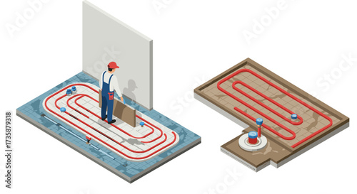 Installation of underfloor heating system with red tubing and worker in isometric view