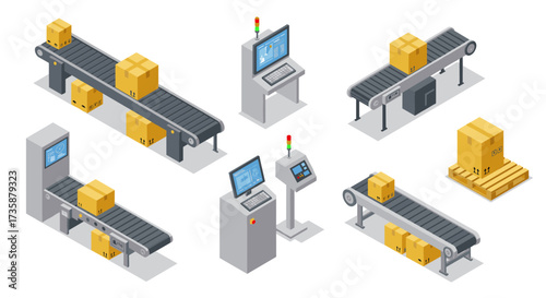 Isometric conveyor belt system with automated package sorting and computers