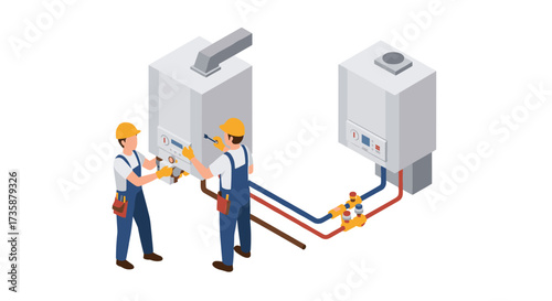 Isometric technicians installing home heating systems with boilers and pipes