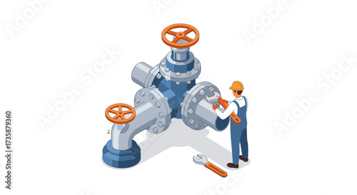 Engineer repairing industrial pipeline with wrench in isometric style