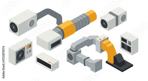 Isometric hvac system components ductwork and air conditioning units
