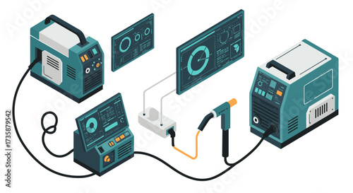 Modern digital welding equipment setup with isometric design