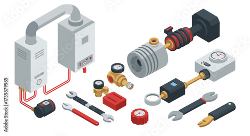 Isometric home heating system components and tools for repair and maintenance