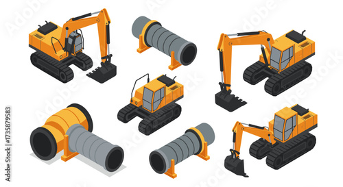 Isometric construction equipment and pipes set for infrastructure projects