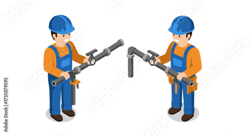 Isometric workers fixing pipes in industrial safety gear on white background