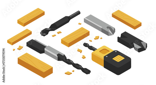 Isometric woodworking tools and drill bits with wooden planks