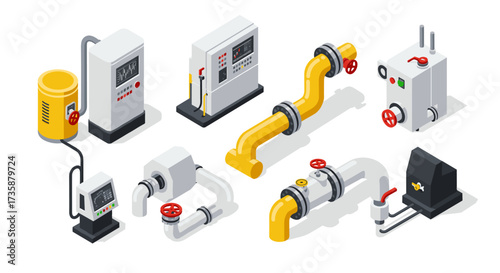 Isometric industrial equipment set with pipes, control panels, and valves in modern style