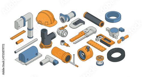 Isometric plumbing tools and equipment collection in orange and blue