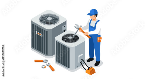 Isometric hvac technician repairing air conditioning units for home cooling system
