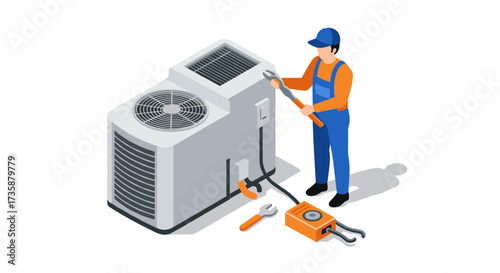 Hvac technician repairing air conditioning unit in isometric design