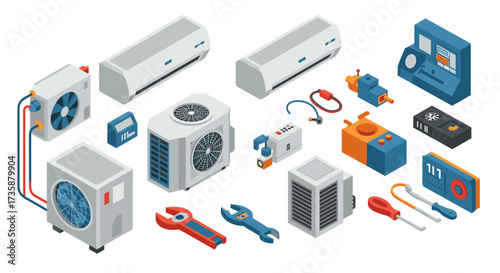 Isometric hvac equipment and tools collection with air conditioners and repair accessories