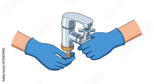 Hands in gloves installing a faucet plumbing tool work in progress
