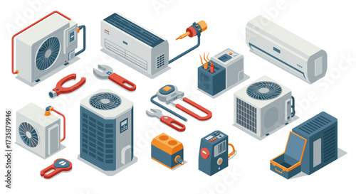 Comprehensive set of isometric air conditioning units and tools for modern hvac systems