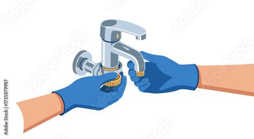 Blue gloved hands repairing faucet with wrench in minimalist style