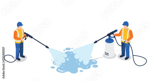 Isometric workers using pressure washers for cleaning with water spray