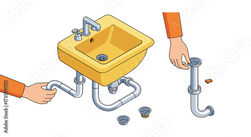 Isometric plumbing repair hands fixing yellow sink with pipes and tools
