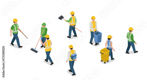 Isometric construction workers in safety gear performing cleaning and maintenance tasks