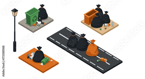 Isometric garbage cleanup environmental awareness and waste management
