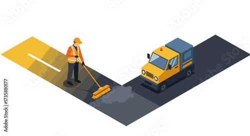 Isometric street cleaning scene with worker and sweeper vehicle on road