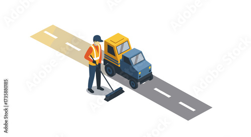 Isometric road worker sweeping street beside repair truck
