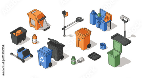 Isometric waste management icons recycling bins and tools for ecofriendly initiatives