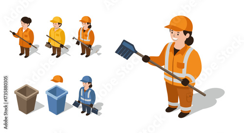 Isometric sanitation workers in uniform with cleaning tools and bins