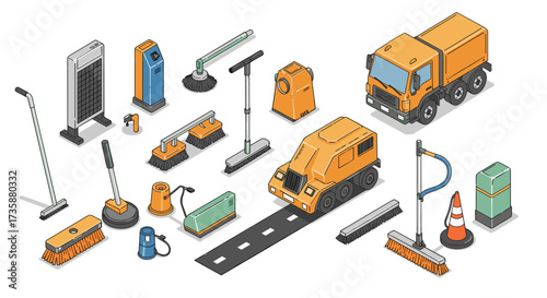 Isometric urban cleaning equipment set with trucks and tools for city maintenance