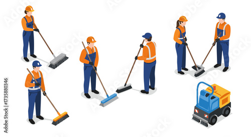 Workers in orange uniforms cleaning with brooms and equipment on white background