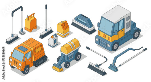 Isometric cleaning equipment set with trucks and tools for industrial use