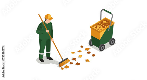 Isometric worker sweeping autumn leaves into bin