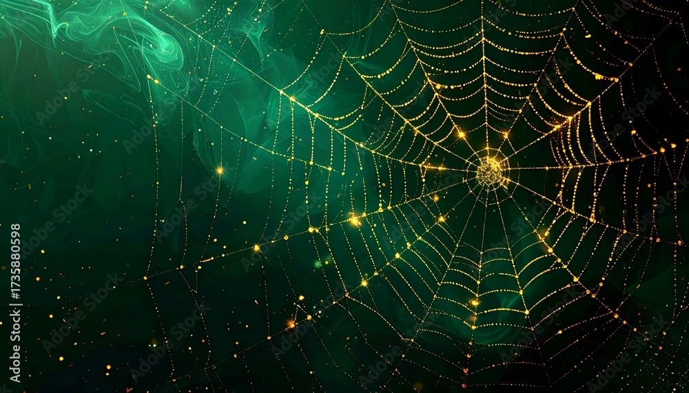 Naklejka premium Halloween gradient wallpaper with green black tones and golden glowing spider web