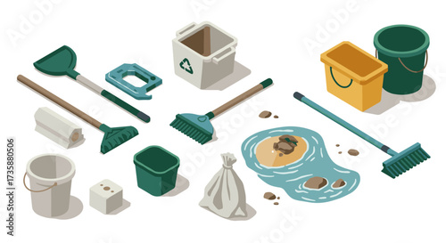 Isometric street cleaning tools with recycling and trash bins for urban sanitation