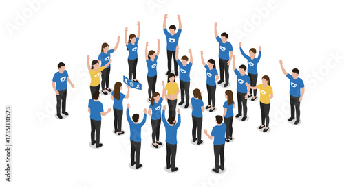 Isometric team building activity with diverse group in blue and yellow attire