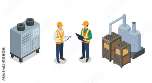 Industrial engineering concept with workers and equipment in isometric style
