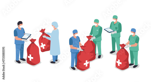 Isometric medical waste management team handling red biohazard bags safely