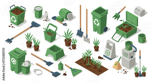Ecofriendly gardening tools and recycling bins in isometric style