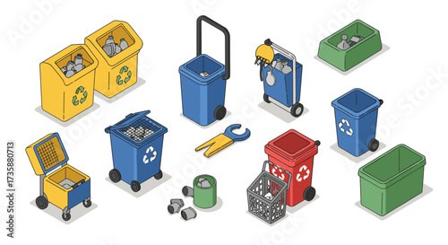 Isometric recycling bins and waste management tools for ecofriendly urban design