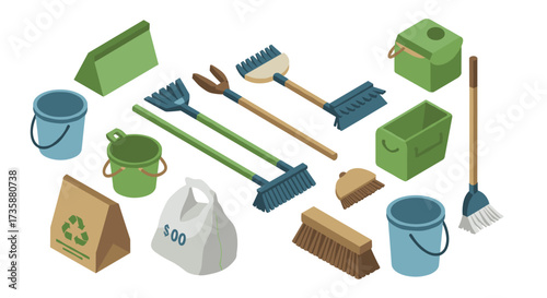 Isometric cleaning tools collection with brooms, buckets, and recycling materials