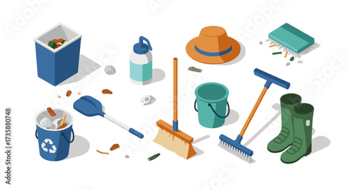 Ecofriendly cleanup tools broom, bucket, and recyclable items in isometric style