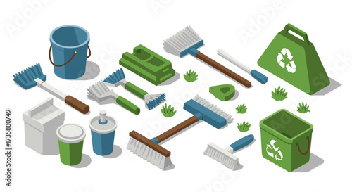 Cleaning and recycling tools in isometric style with ecofriendly symbols