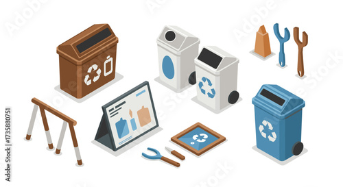 Isometric recycling bins and tools set for sustainable waste management